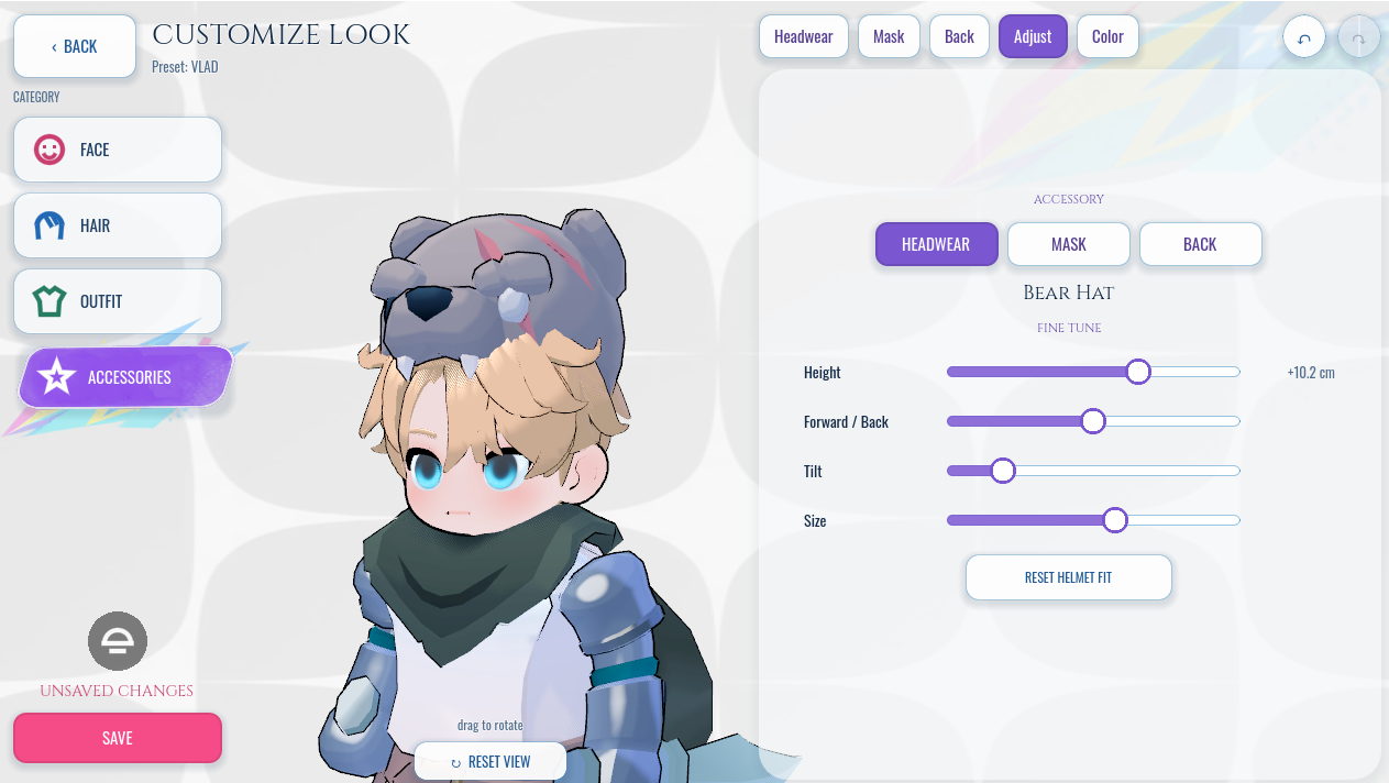 Bear Hat accessory with live height, forward/back, tilt and size adjustment controls
