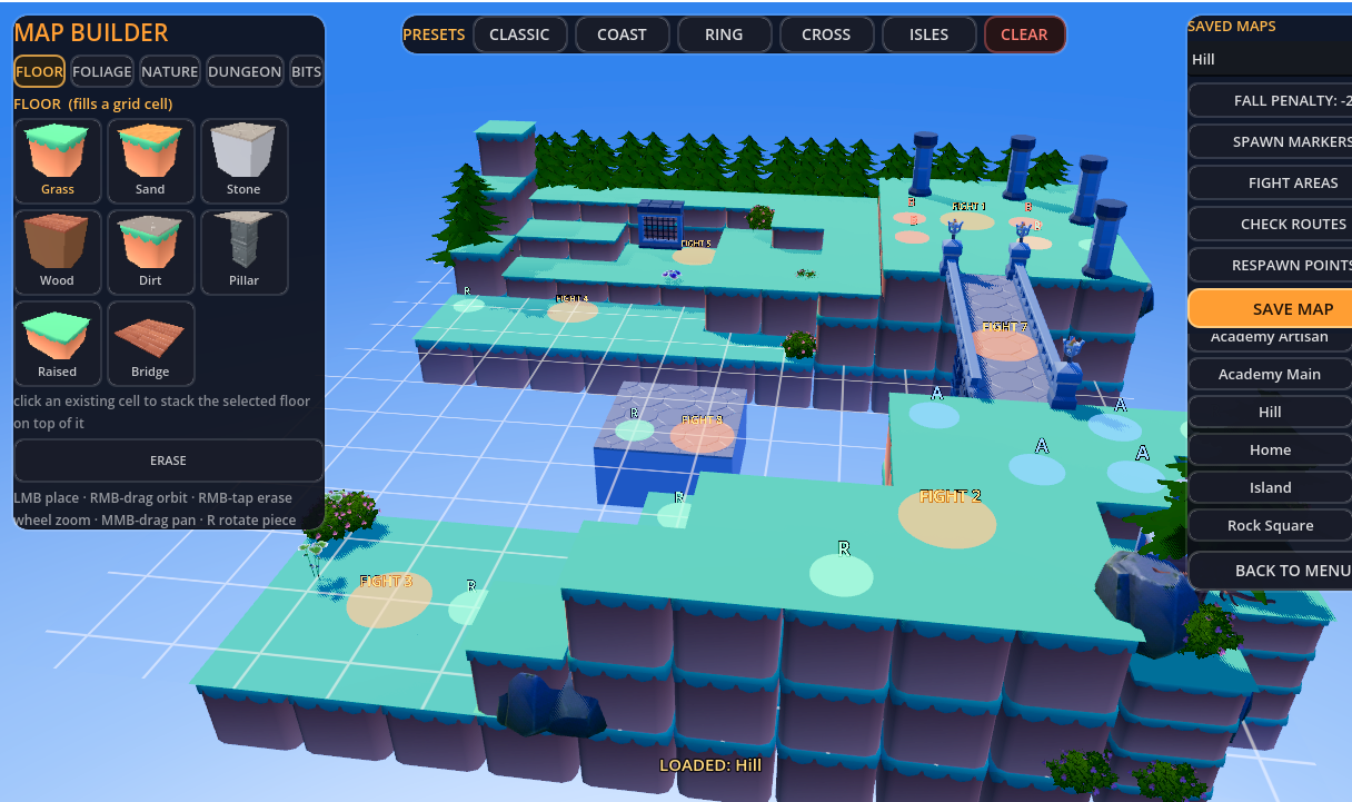 Map Builder displaying the Hill map with floor palette, raised terrain, bridges, spawn points, fight areas and saved-map controls