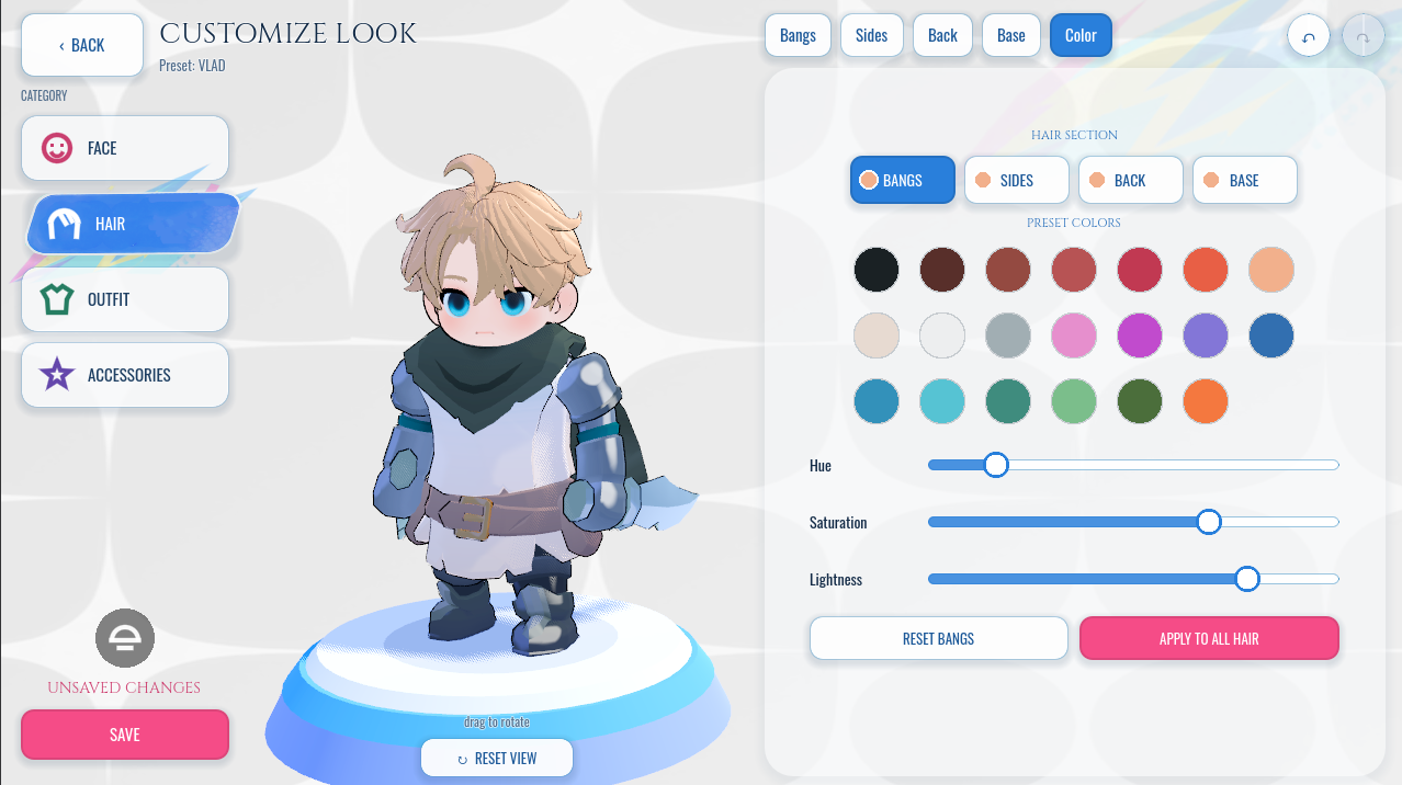 Hair color editor showing individual section controls, color swatches and hue, saturation and lightness sliders