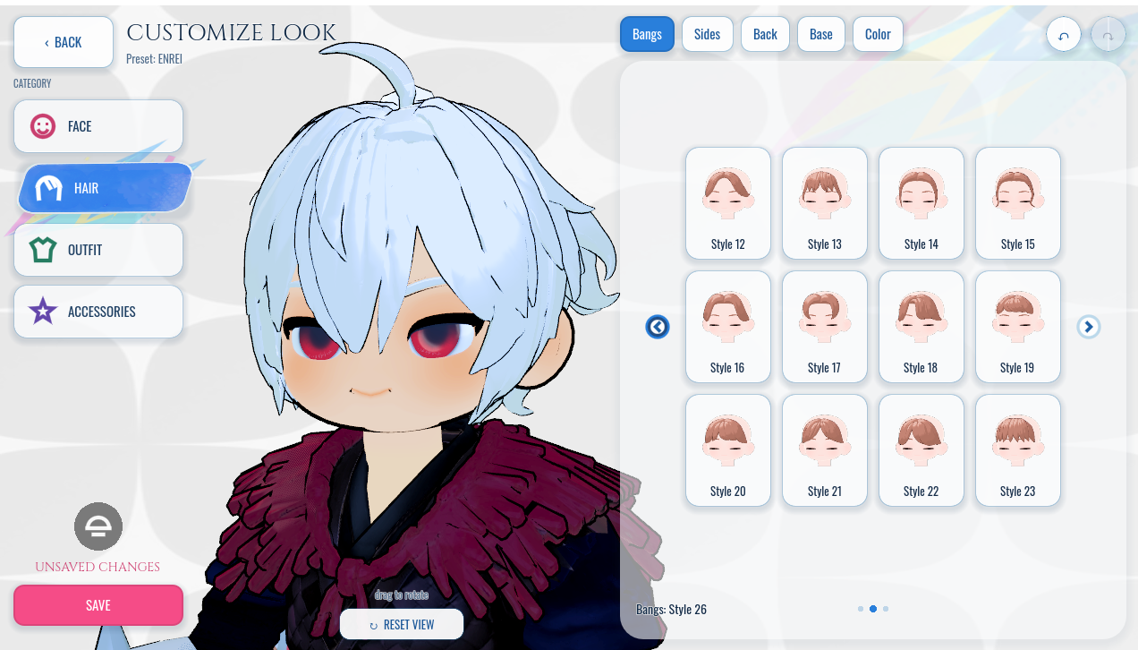 Enrei with light-blue hair and a dark red outfit in the live character preview, beside the modular hair catalogue and Bangs, Sides, Back, Base and Color tabs