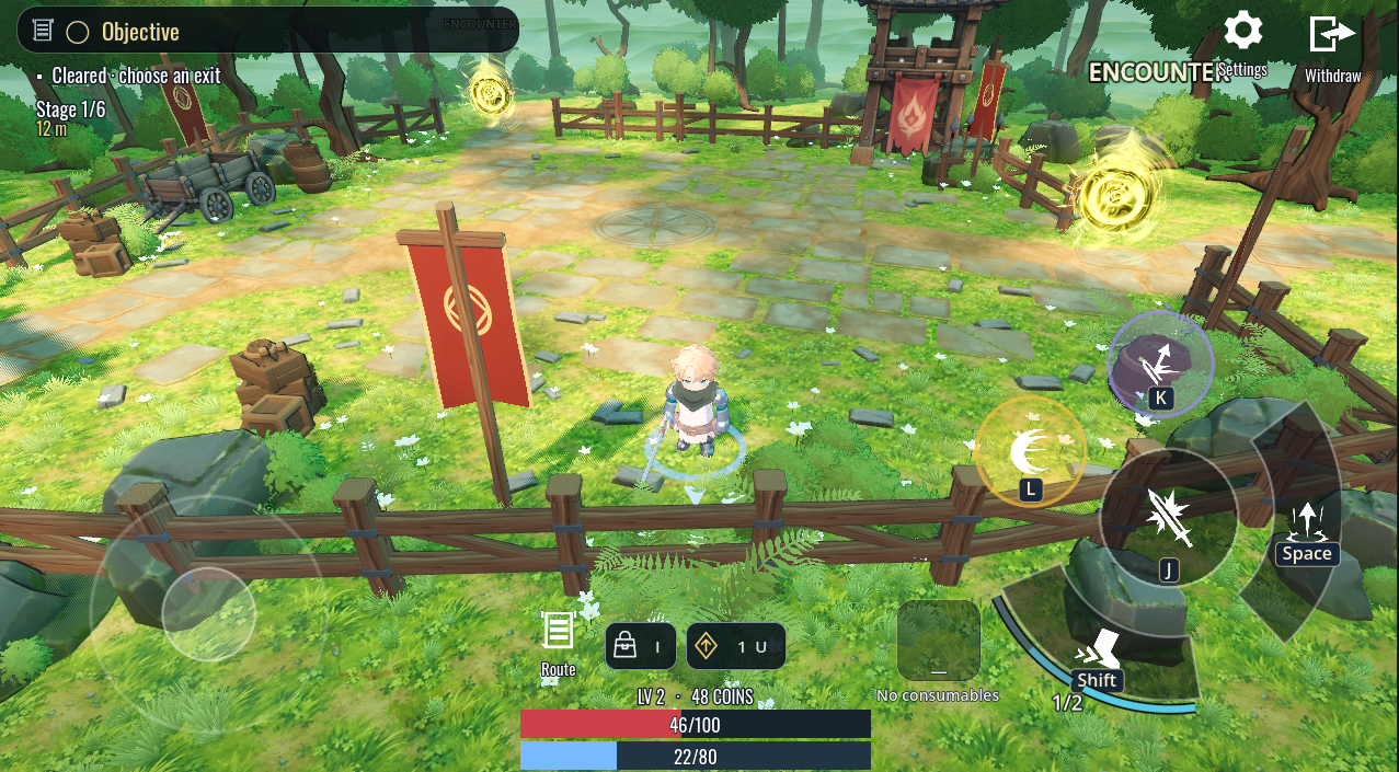 Player in a cleared Watchpost with two glowing exit portals and a choose-an-exit objective